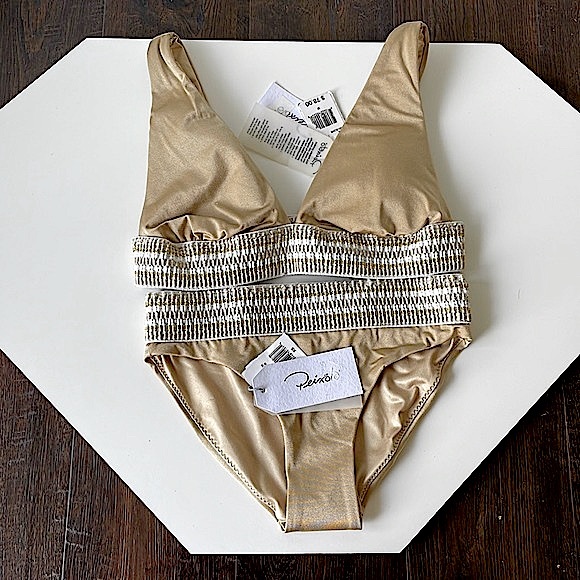 NWT M/XS PEIXOTO mix size bikini set gold light beige metallic stretch pads - Picture 2 of 13